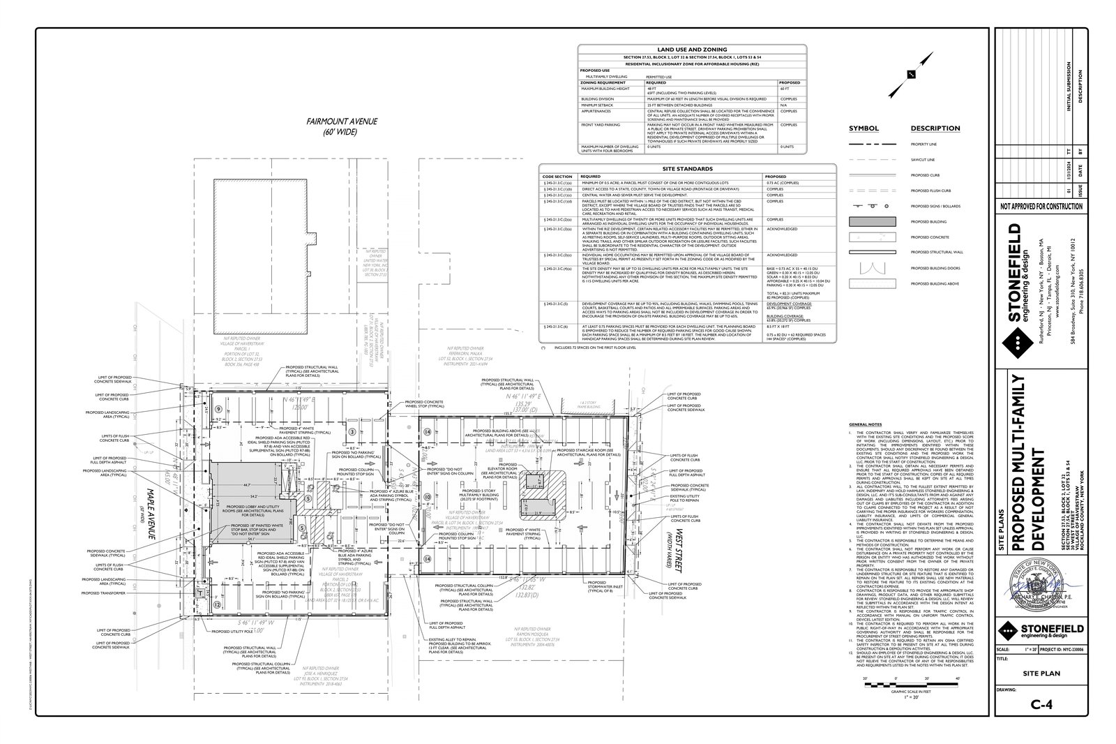 30 West initial site plan, sheet C-4: proposed 5-story multifamily building, 82 units, 144 parking proposed