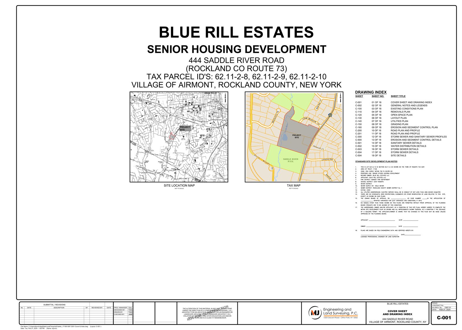 Blue Rill Senior Estates site plan set, cover/title sheet