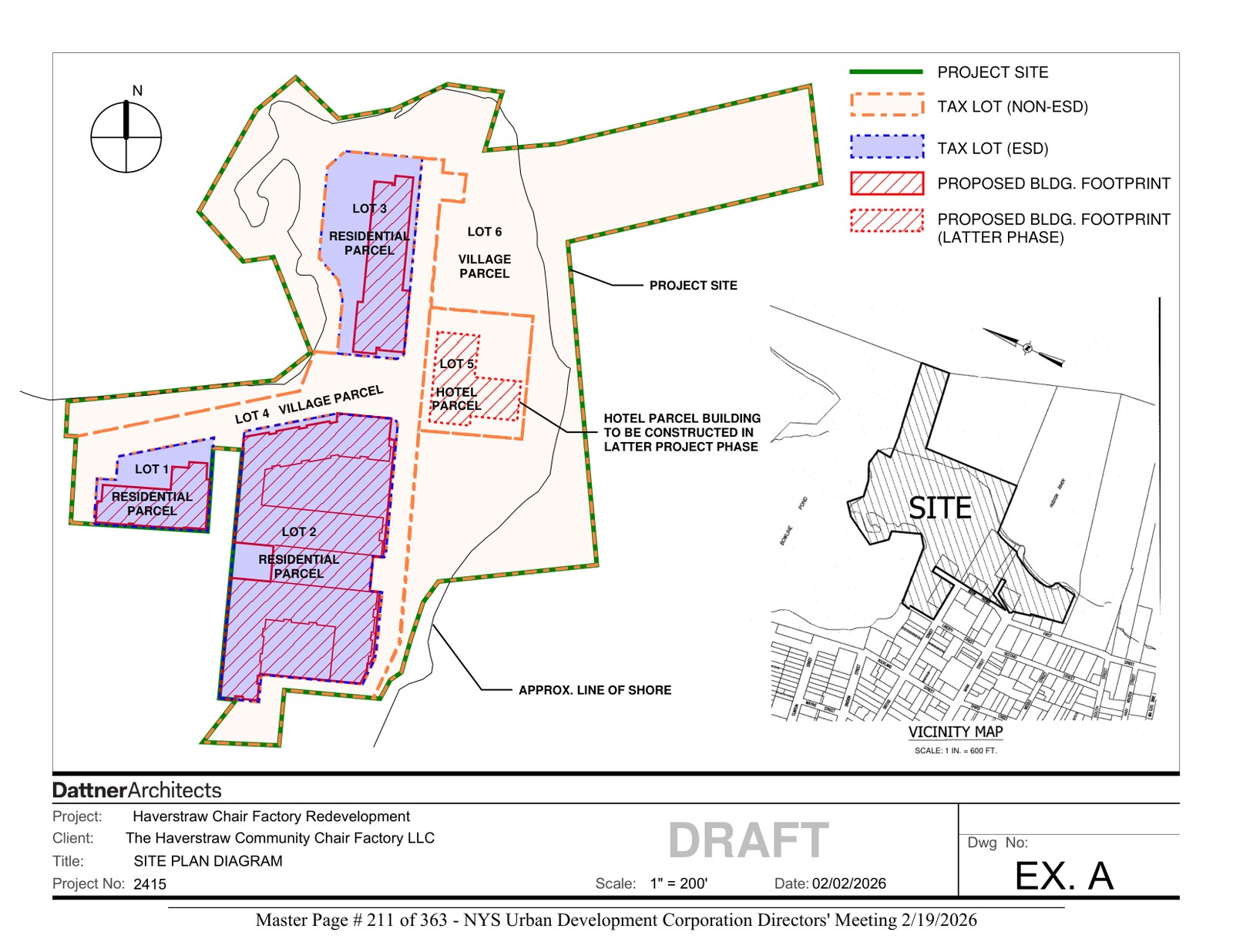 Chair Factory site plan diagram, Exhibit A: Lots 1-3 residential parcels, Lot 5 hotel parcel (latter phase), Lot 6 parkland
