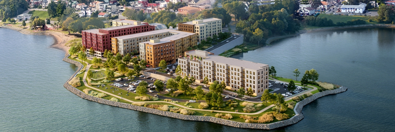 Chair Factory waterfront rendering: multi-building residential development on the Hudson peninsula