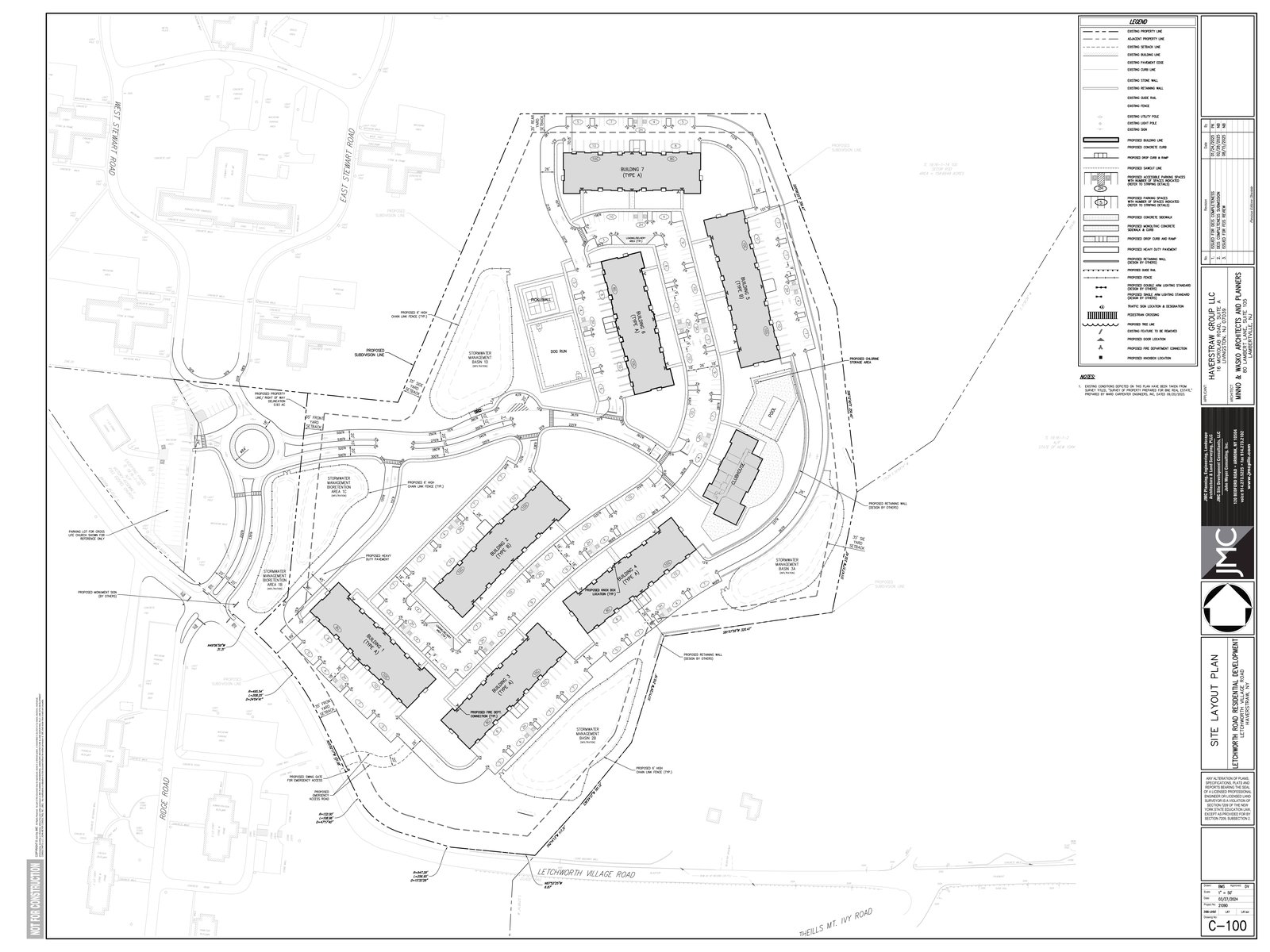 Letchworth site layout plan: 7 buildings (B1-B7) around an internal loop, pool, clubhouse, pickleball and dog run