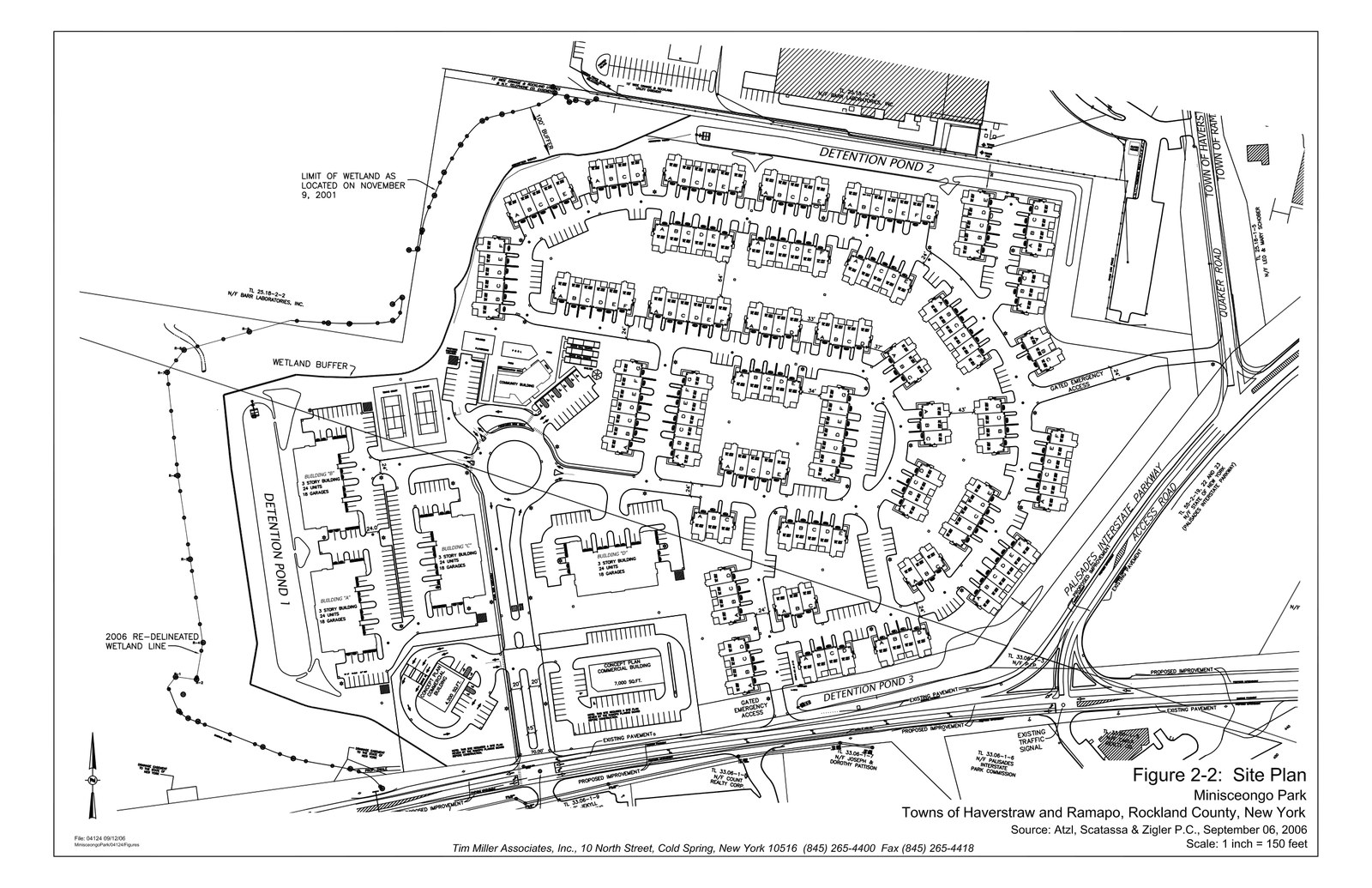 Minisceongo Park site plan, Figure 2-2: townhome blocks, 3-story Buildings A-D (24 units each), community building, tennis courts, detention ponds 1-3, entry from Route 202