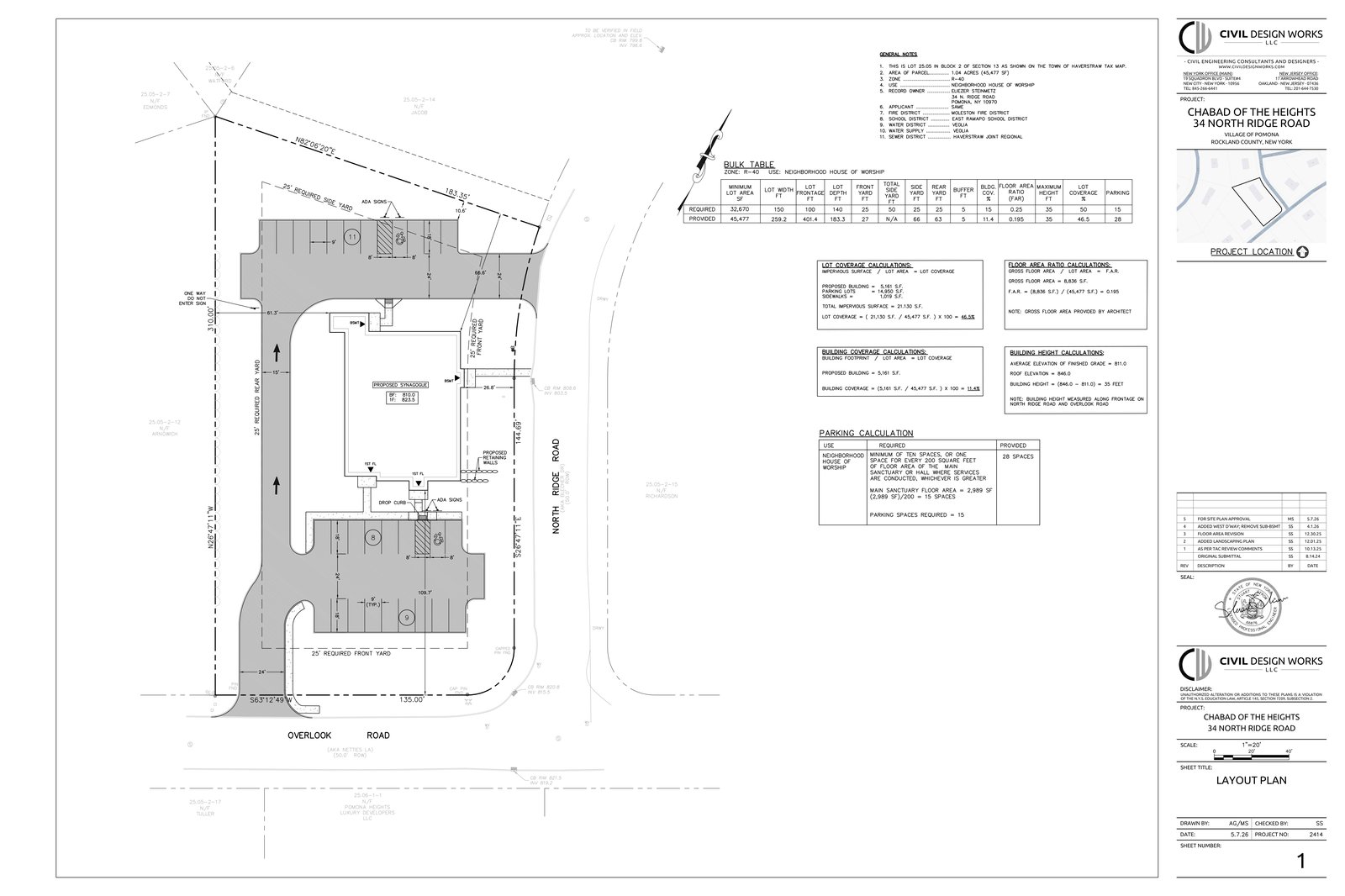 Chabad of the Heights layout plan, Sheet 1: proposed synagogue, parking, setbacks and bulk table